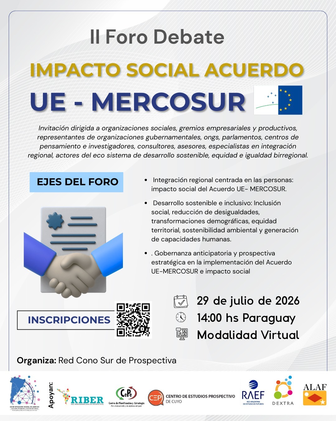 La Red Cono Sur de Prospectiva convoca al II Foro Debate sobre el impacto social del Acuerdo UE–MERCOSUR